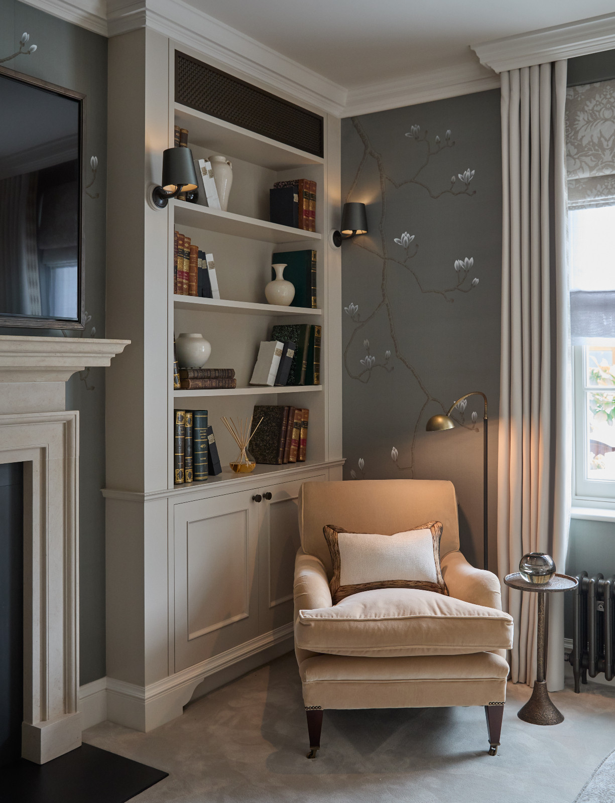 The bedroom in a renovated Georgian home in London, England designed by Sophie Paterson Interiors