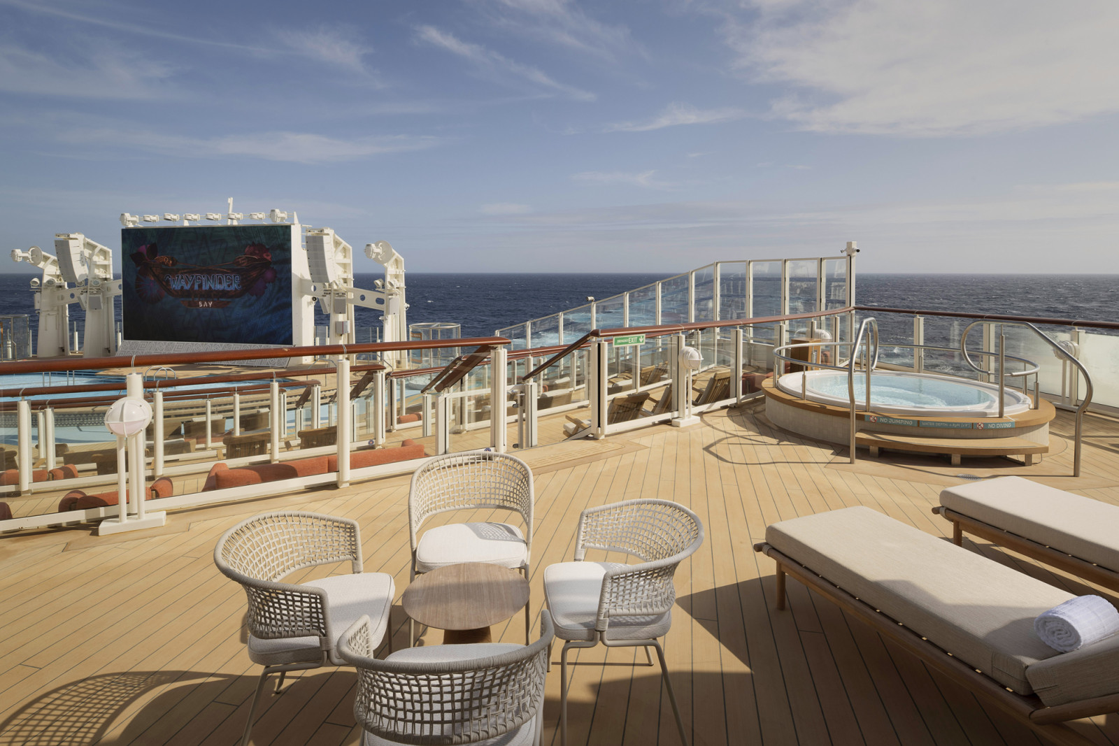 Wayfinder Bay, an open-air oasis under the sun, is where relaxation and exclusive entertainment await onboard the Disney Adventure. Tucked away at the back of the ship, this tranquil pool area features plush seating and loungers arranged among tiered decks, offering some of the most stunning views of land, sea and sky. (Omark Reyes, photographer)
