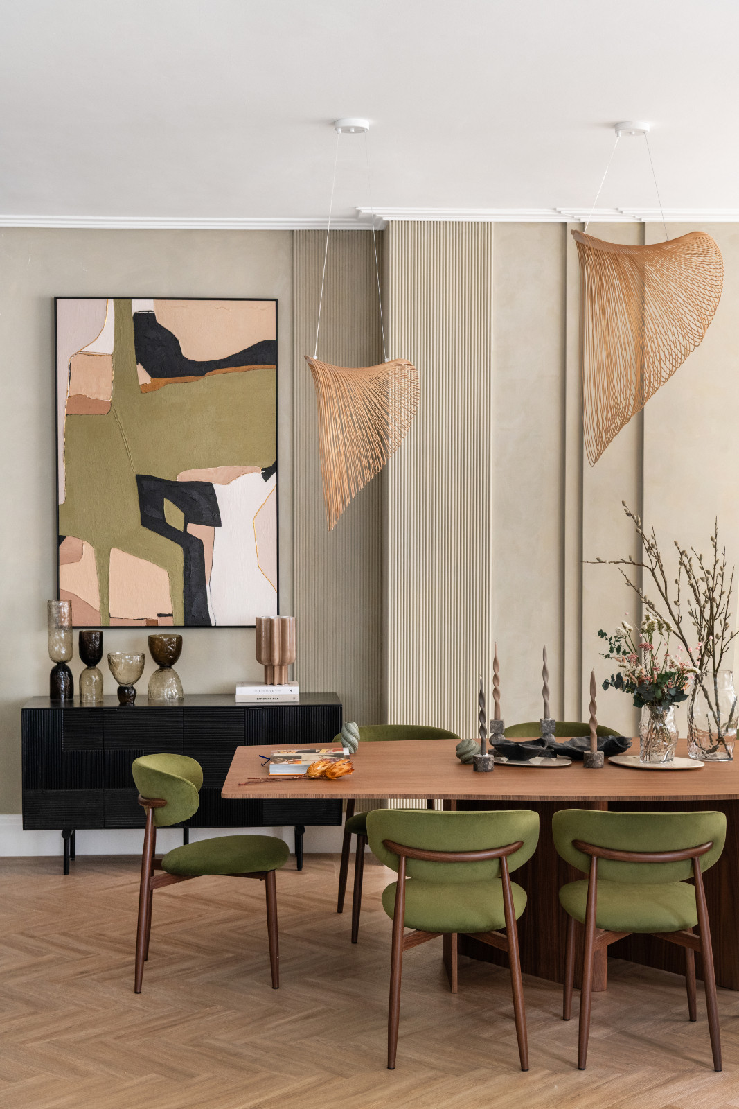 Exploring the sculptural details on display in the dining room of a London, England home designed by Aashni Kumar