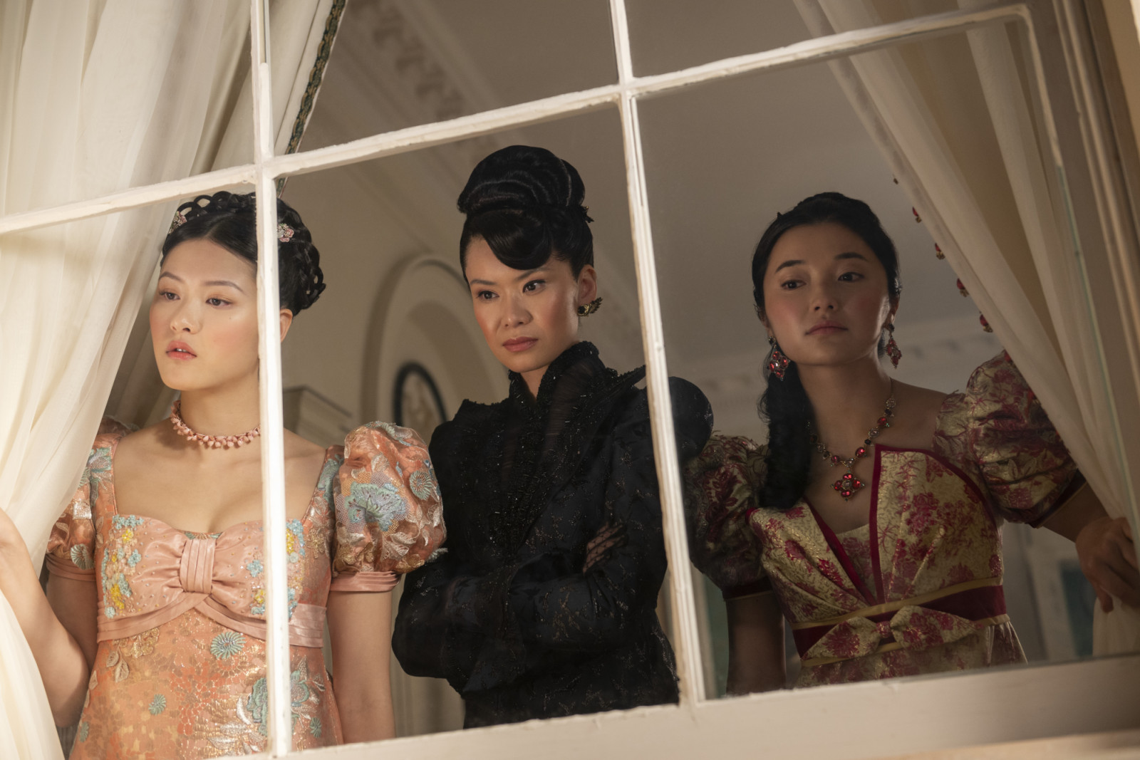 ‘Bridgerton’ stars (from left) Isabella Wei, Katie Leung and Michelle Mao. (Photo: Liam Daniel/Netflix)