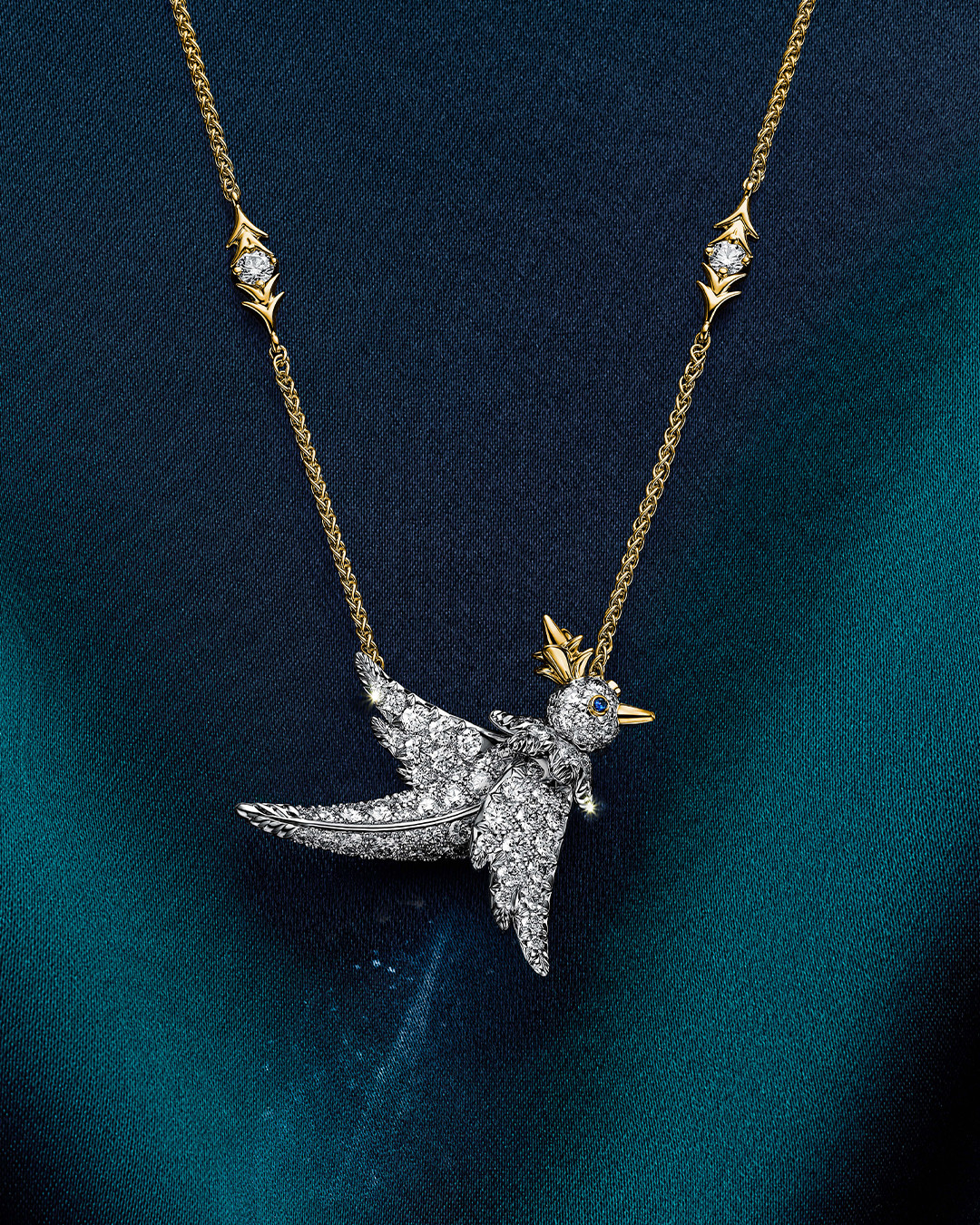 Bird on a Rock by Tiffany bird pendant in platinum and 18k yellow gold with diamonds (Photo: courtesy of Tiffany & Co.)