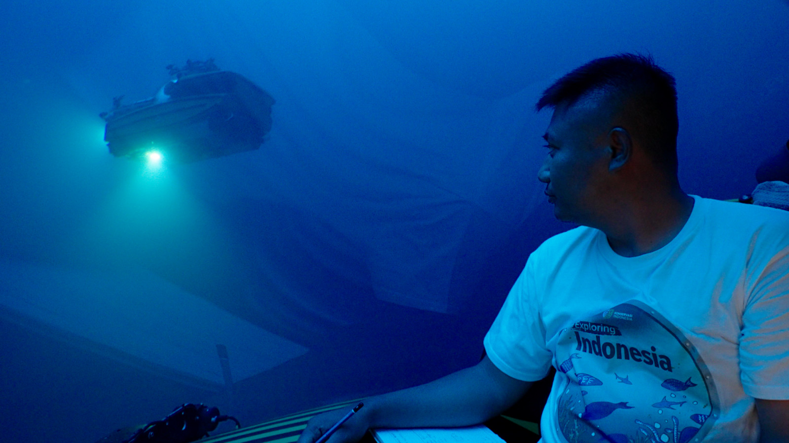 An underwater survey being conducted using the OceanXplorer’s submersible vessel (Photo: OceanX)