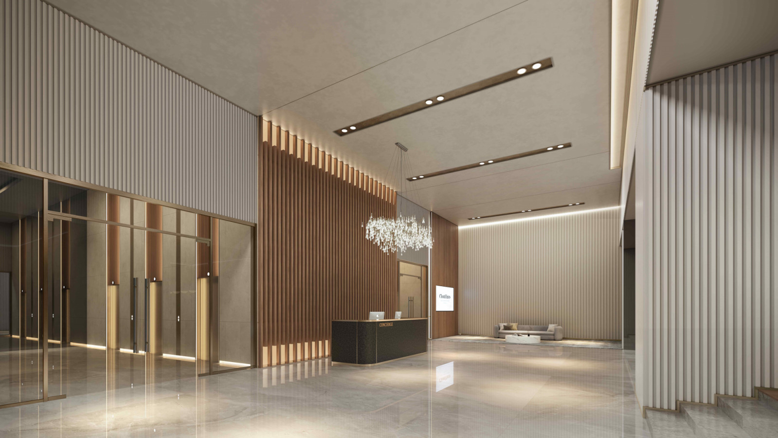 The Reception Lobby reflects the development’s design ethos through restrained materials and a sense of openness