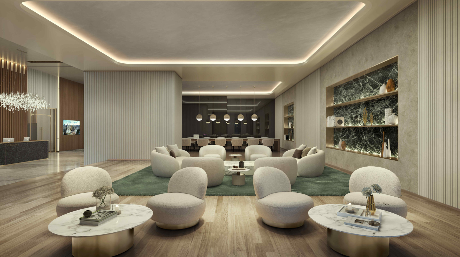 In the Waiting Lounge, high-quality finishes–from marble surfaces to detailed joinery–shape a refined and consistent interior language