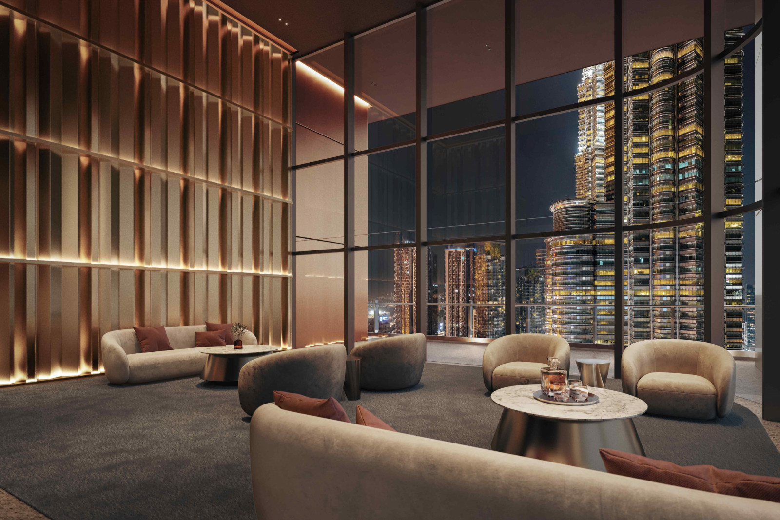 Set against the city’s panorama, the Sky Lounge provides a space for relaxation and socialising