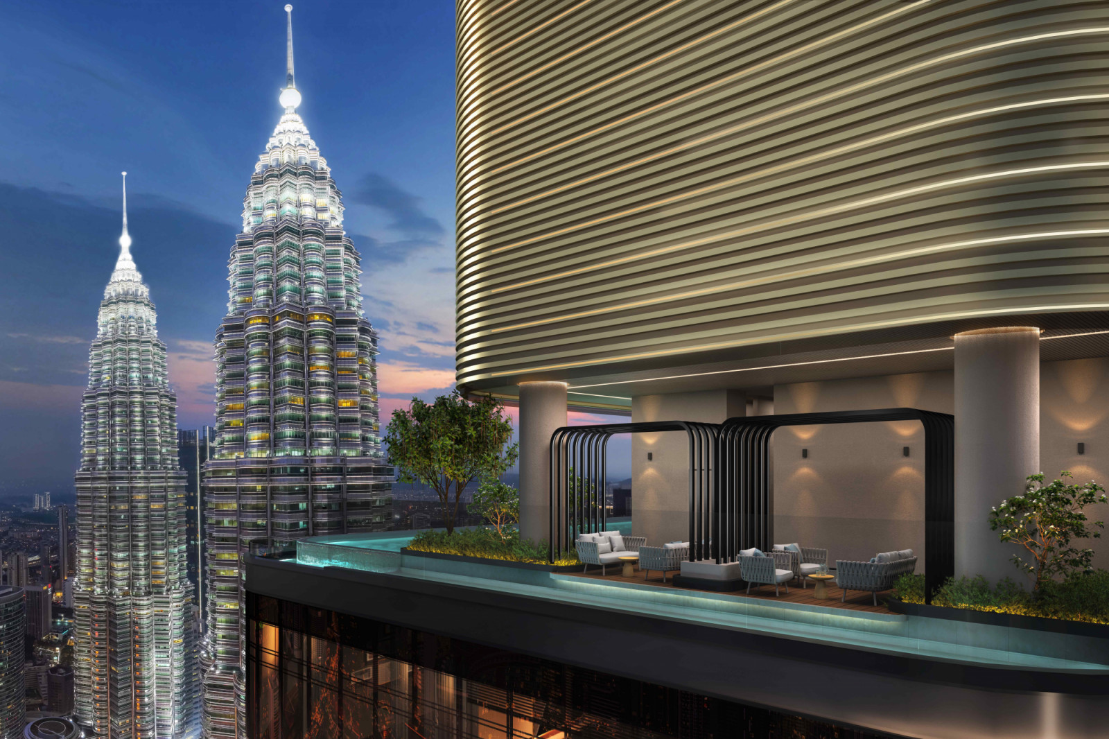 The Sky Trellis Lounge is a refined setting for leisure, entertainment, and connection above the city