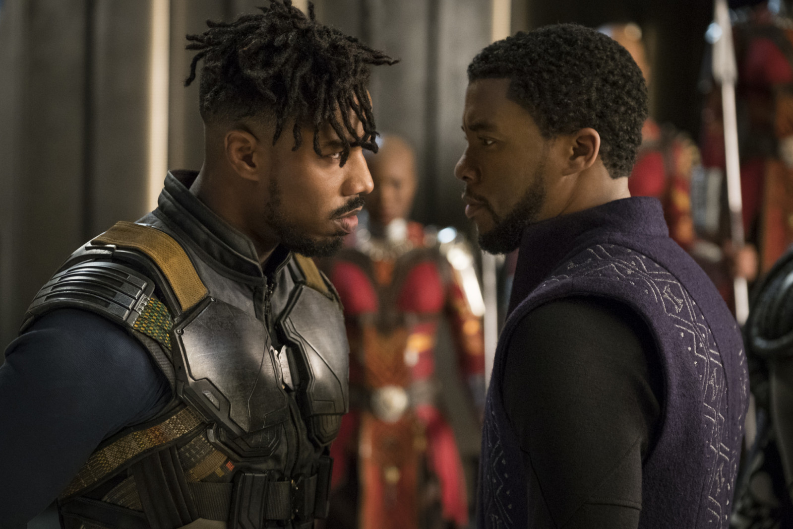 Marvel Studios' BLACK PANTHER..L to R: Erik Killmonger (Michael B. Jordan) and T'Challa/Black Panther (Chadwick Boseman)..Photo: Matt Kennedy..©Marvel Studios 2018