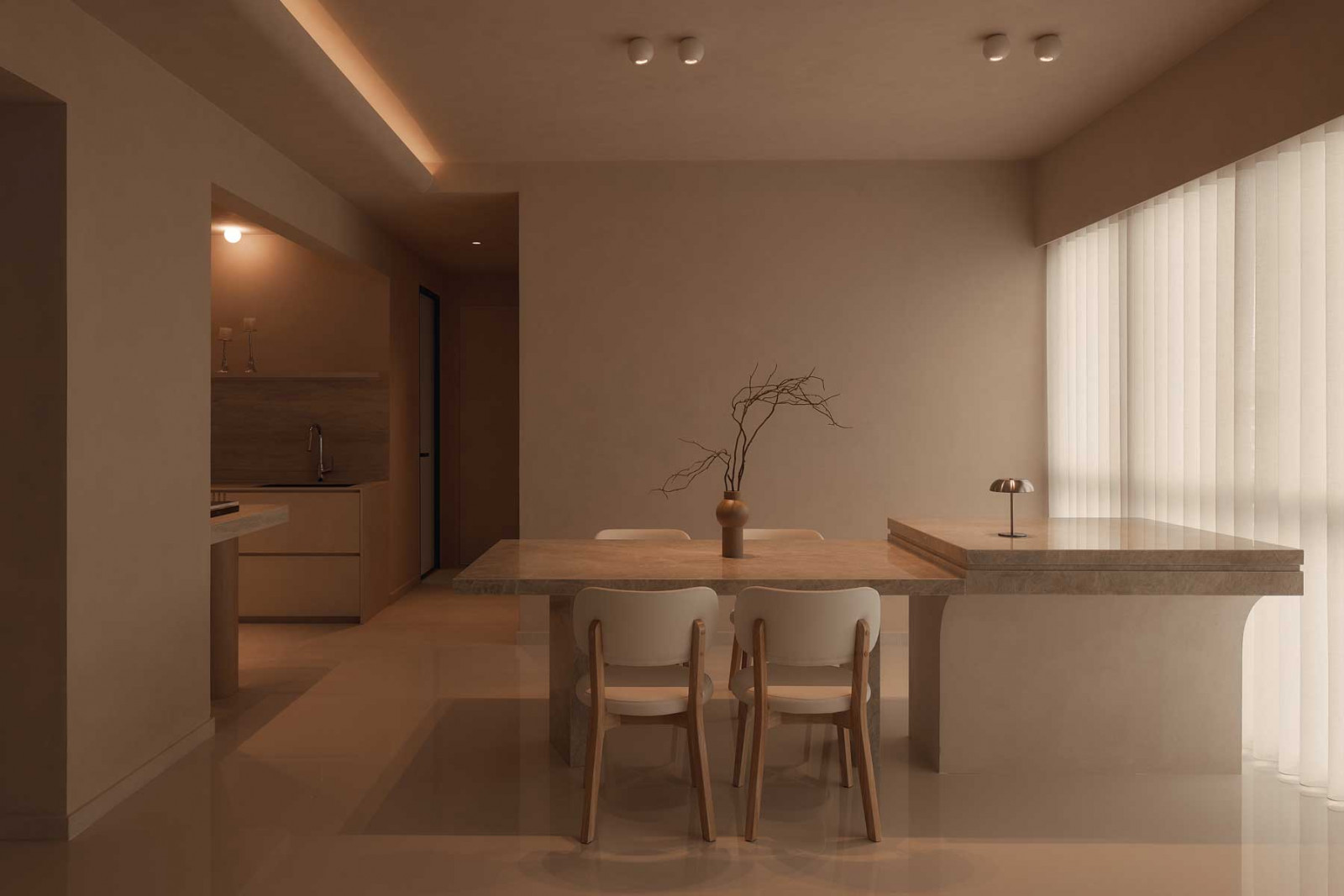 The dining area feels intimate and composed
