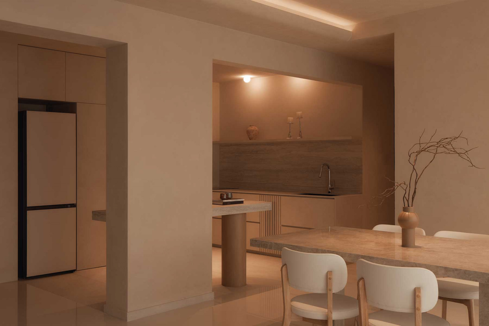 The dining area has a sightline to the kitchen