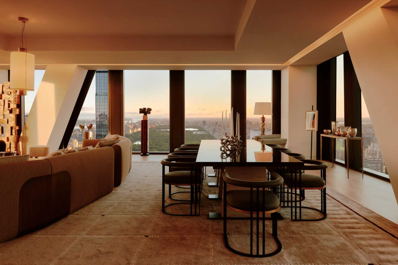 Signature pieces, including the living room sofa and dining table, were made expressly for the project with Philippe Hurel