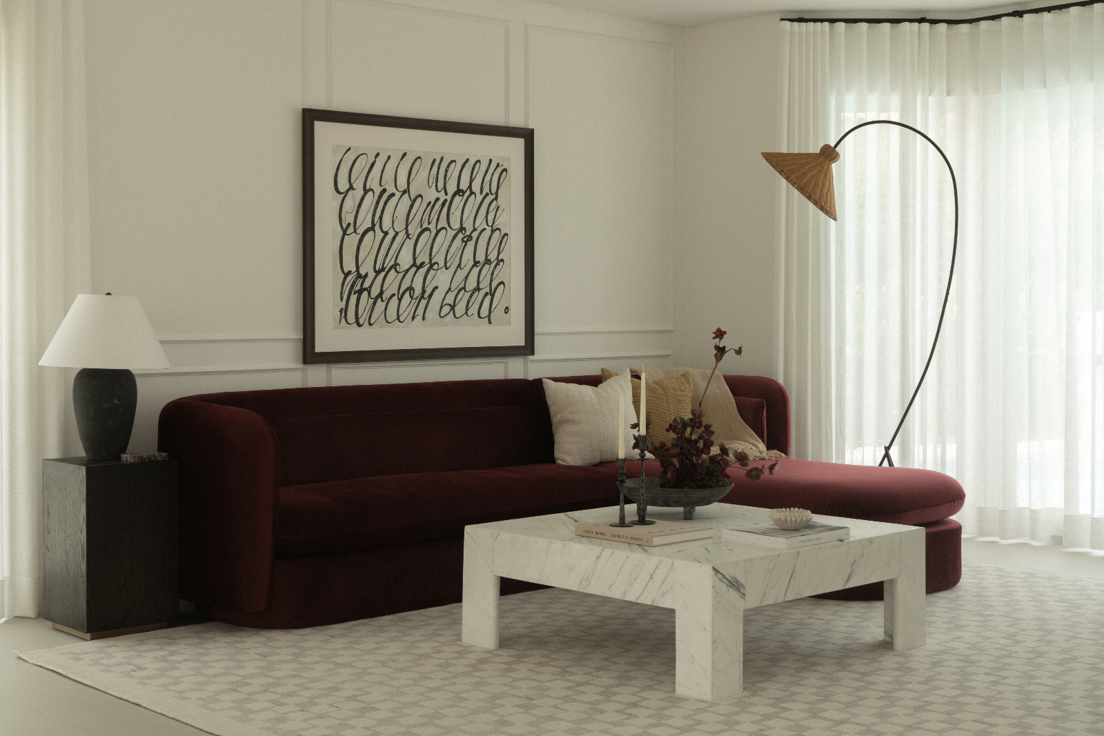 Jewel tones and elegant forms on display in the living room of a Dubai family home designed by Amna Chaudhry Interiors