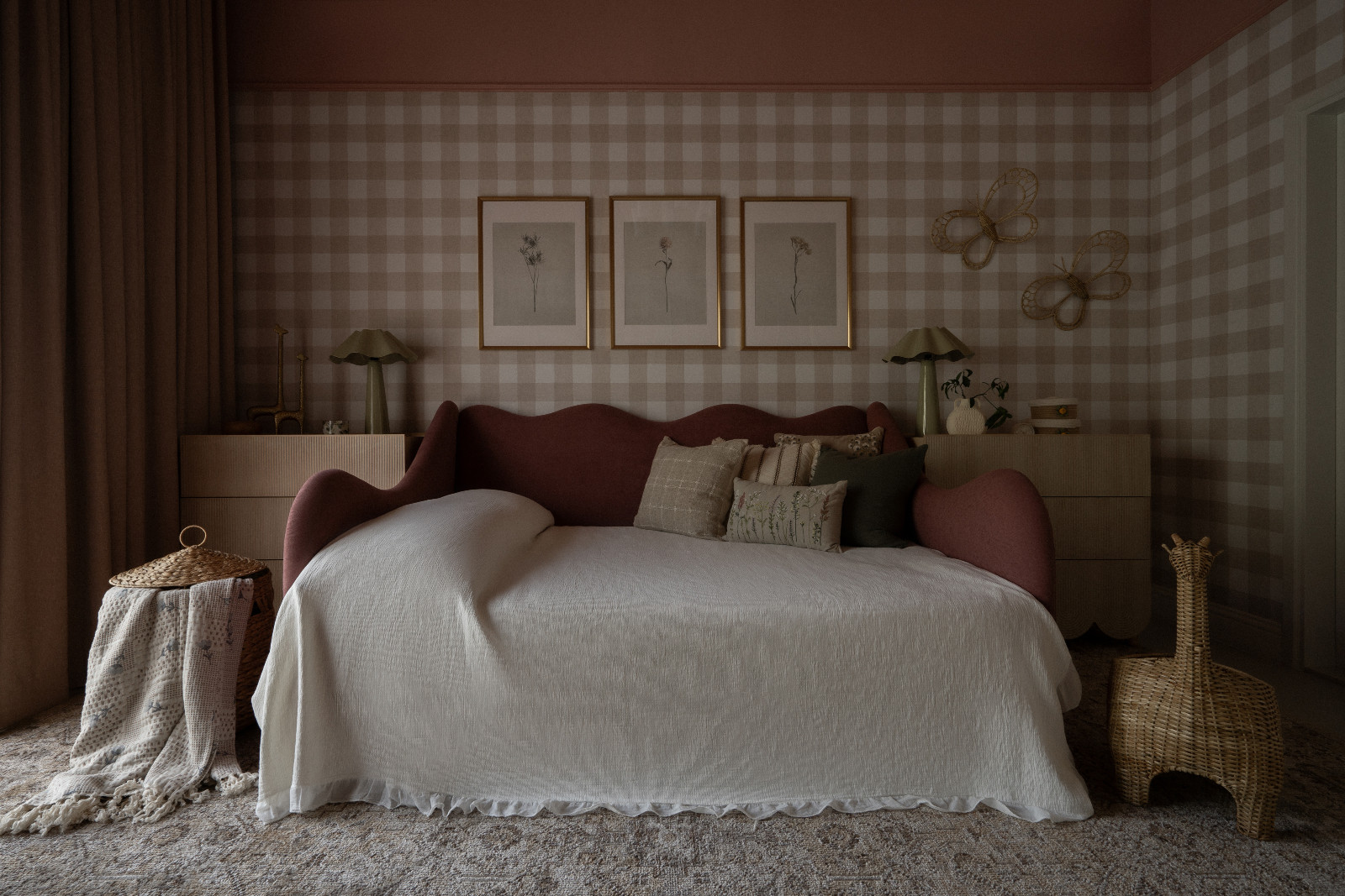 Playful textures tones and organic forms on display in the bedroom of a Dubai family home designed by Amna Chaudhry Interiors