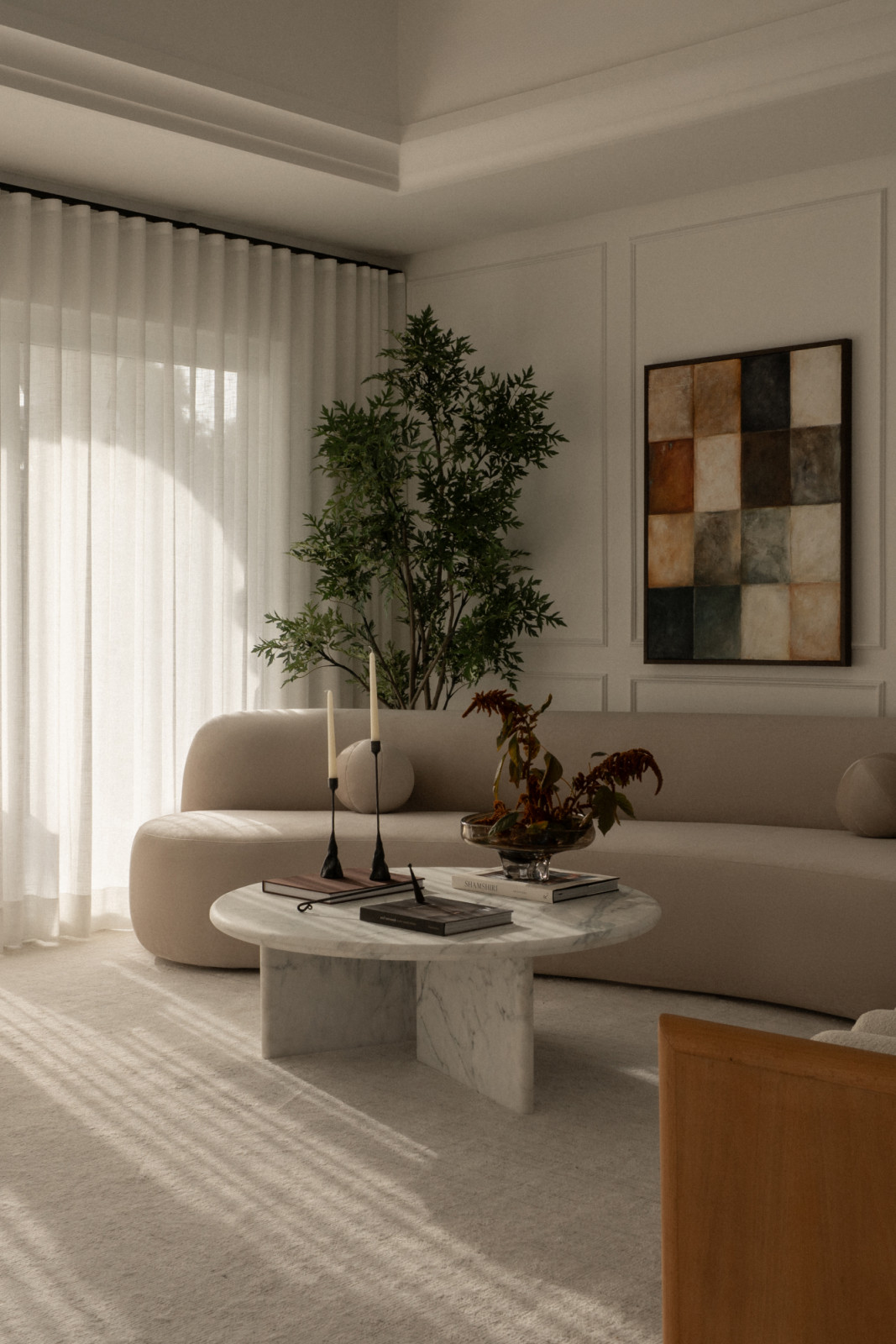 A neutral palette in the living room of a Dubai family home designed by Amna Chaudry Interiors