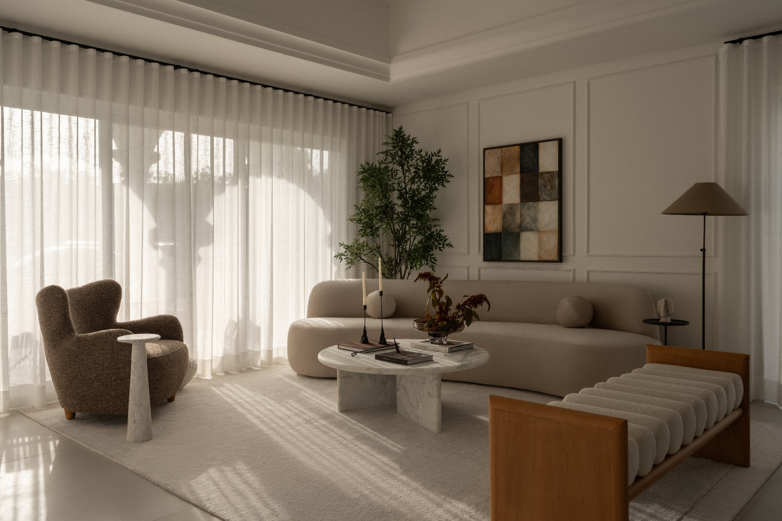 A neutral palette in the living room of a Dubai family home designed by Amna Chaudry Interiors