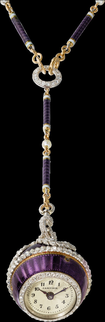 懷錶 — 黃K金與鉑金鑲嵌琺瑯、珍珠與鑽石。
Cartier 巴黎,1912年。(Photo: Cartier)