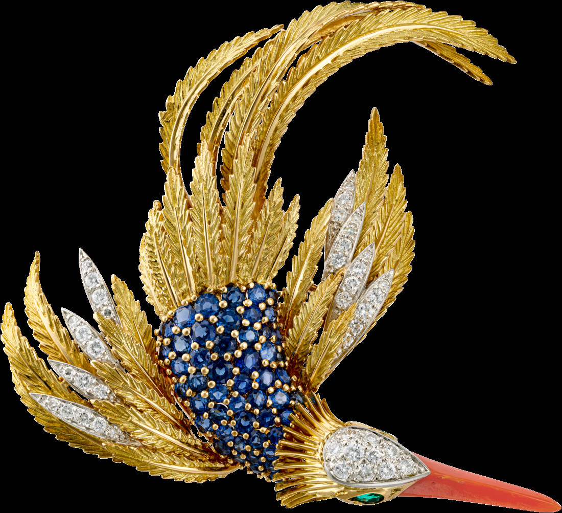 胸針 — 黃K金、白K金與鉑金鑲嵌珊瑚、祖母綠、藍寶石與鑽石。Cartier 紐約,1966年。(Photo: Cartier)