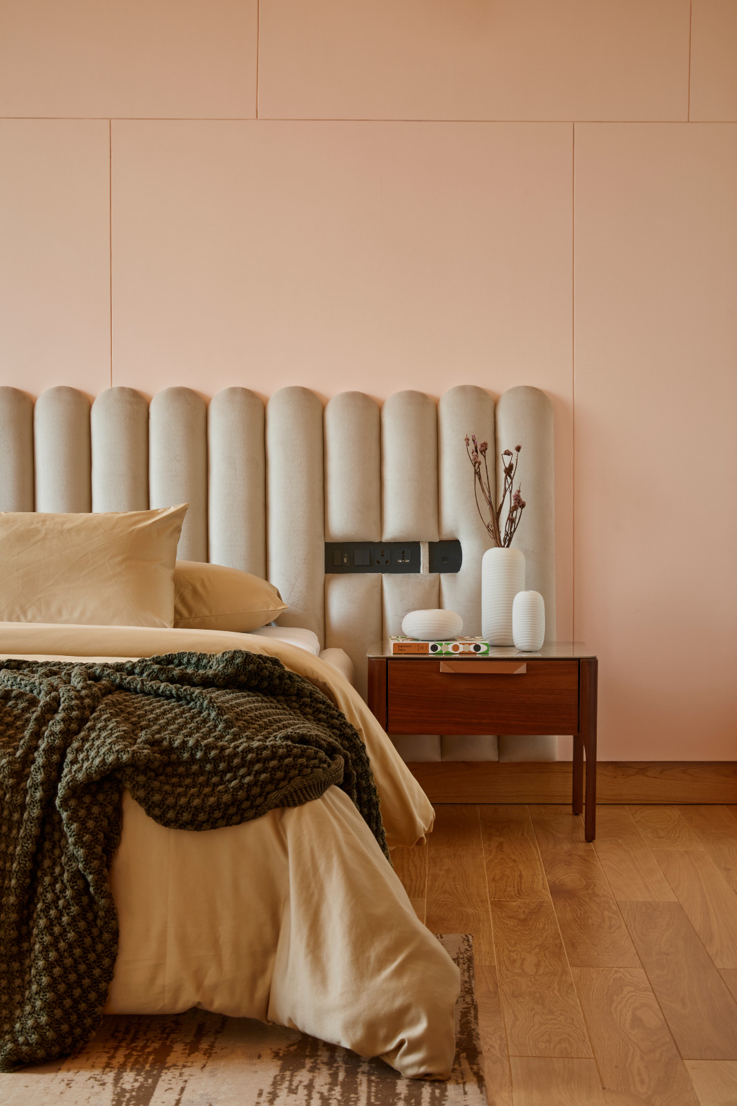 The guest bedroom in a Hyderabad, India family home designed by Studio Nilasha