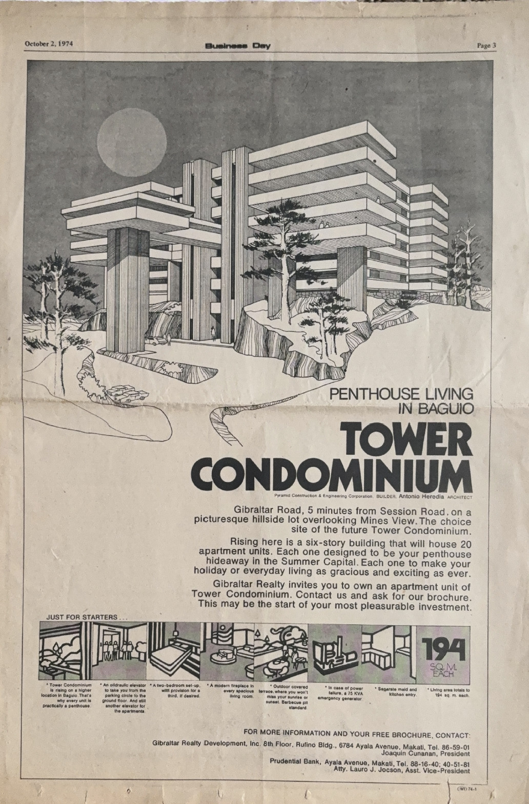 A newspaper advertisement for the Tower Condominium in Baguio, designed by architect and civil engineer Antonio Heredia