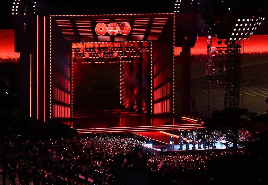 SEOUL, SOUTH KOREA - MARCH 21: (EDITORIAL USE ONLY) K-pop boy band BTS perform onstage during comeback concert at Gwanghwamun Square on March 21, 2026 in Seoul, South Korea. The free concert is the band's first performance in nearly four years. (Photo by Kim Min-Hee - Pool/Getty Images)