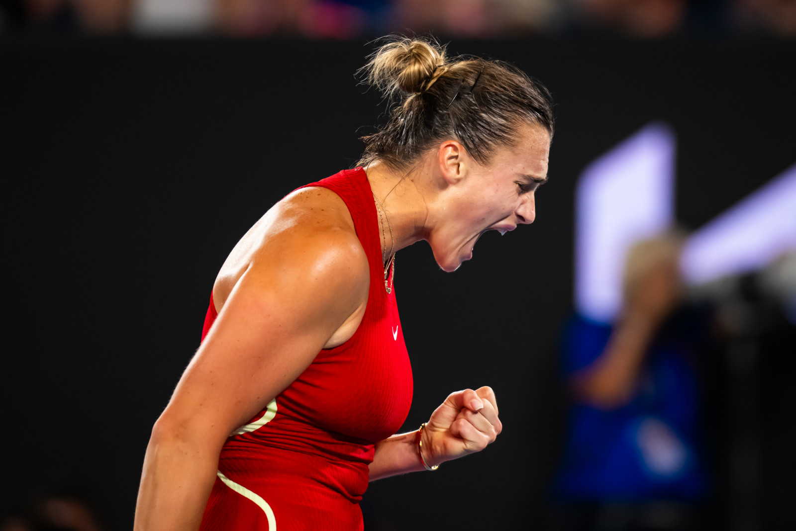 Aryna Sabalenka of Belarus in action during the semi-final of the 2024 Australian Open Grand Slam tennis tournament