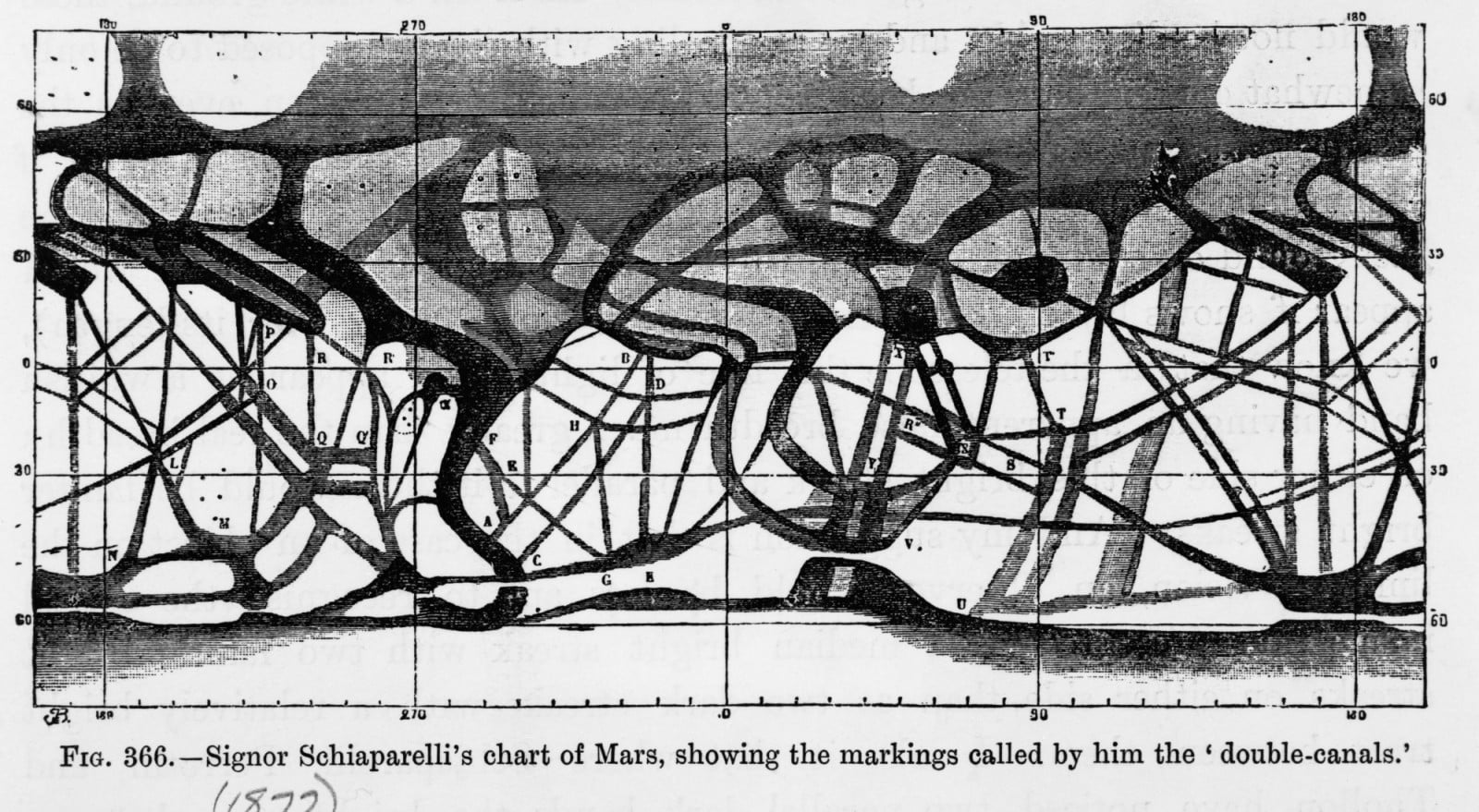 Giovanni Schiaparelli's chart of Mars showing the markings called by him the “double canals” in 1877. (Illustration: Getty Images)