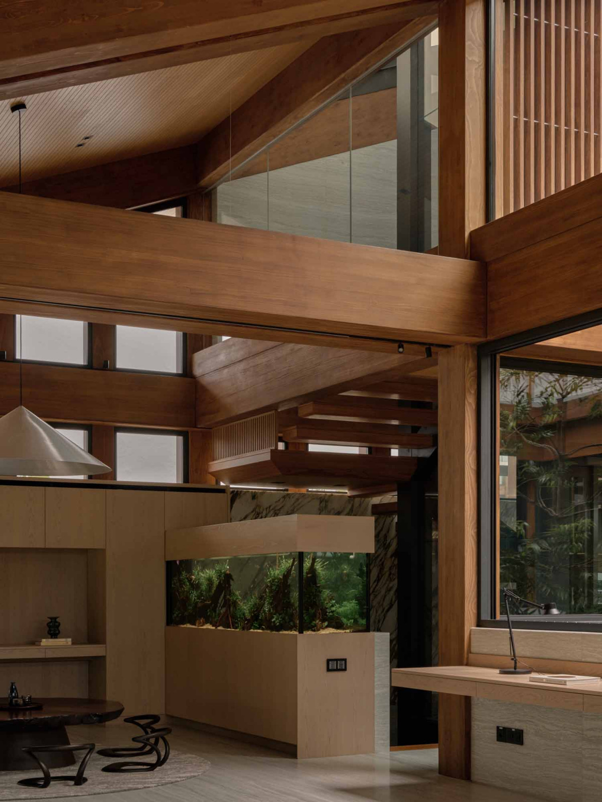 An aquarium creates an intriguing and dynamic room divider
