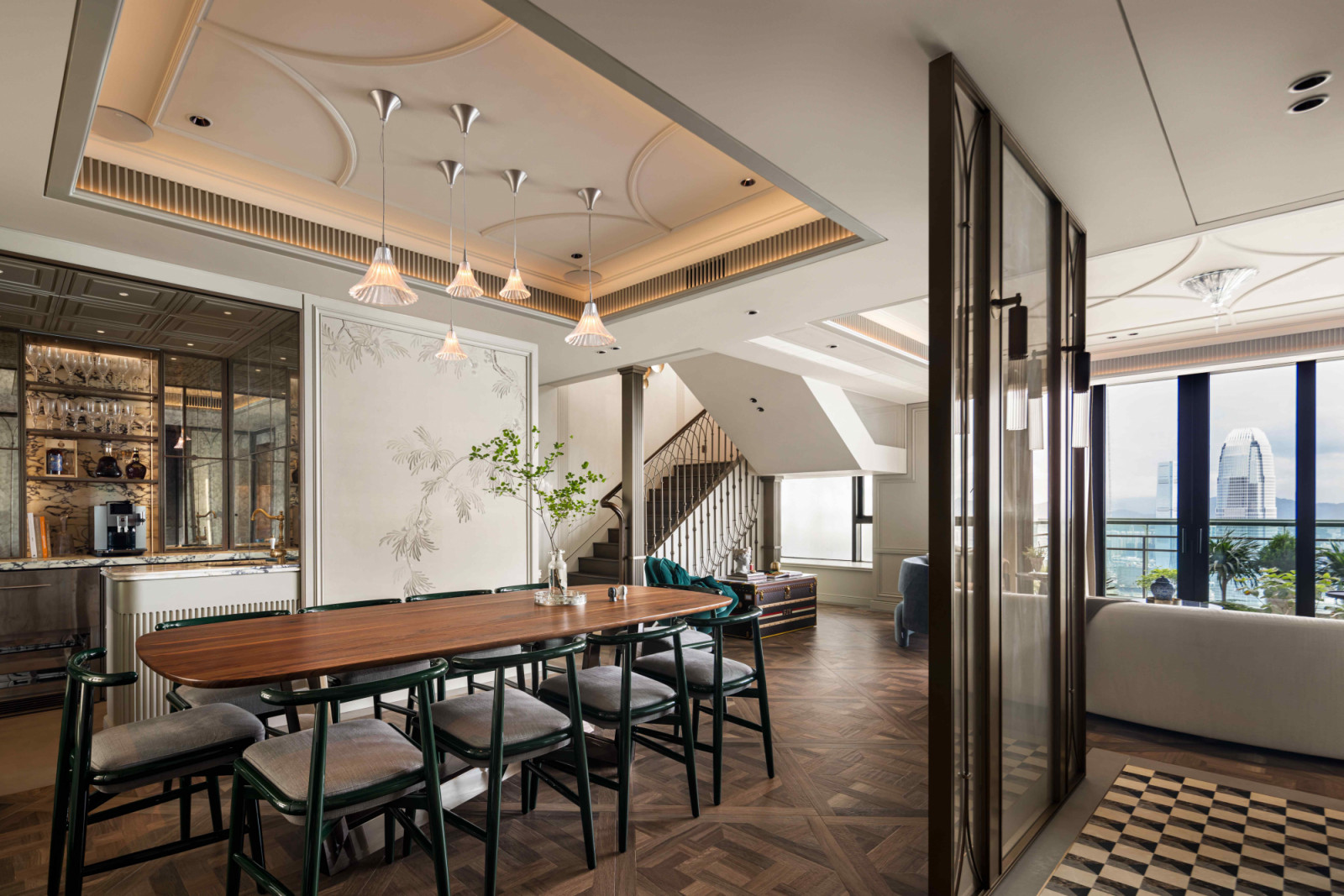 The dining are reflects a distinctly French sensibility