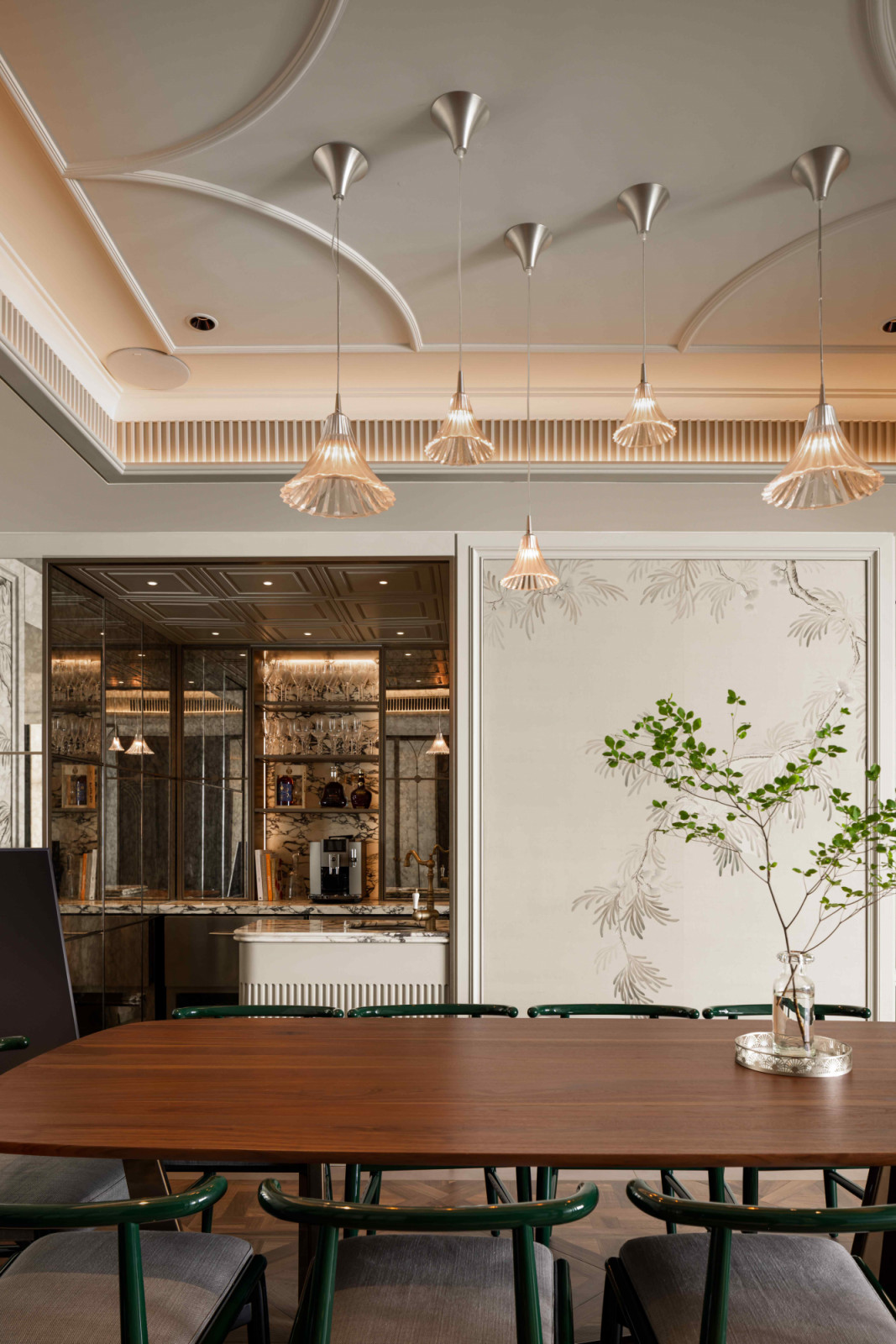 Earthy-toned walls and ceiling contrast refined craftsmanship