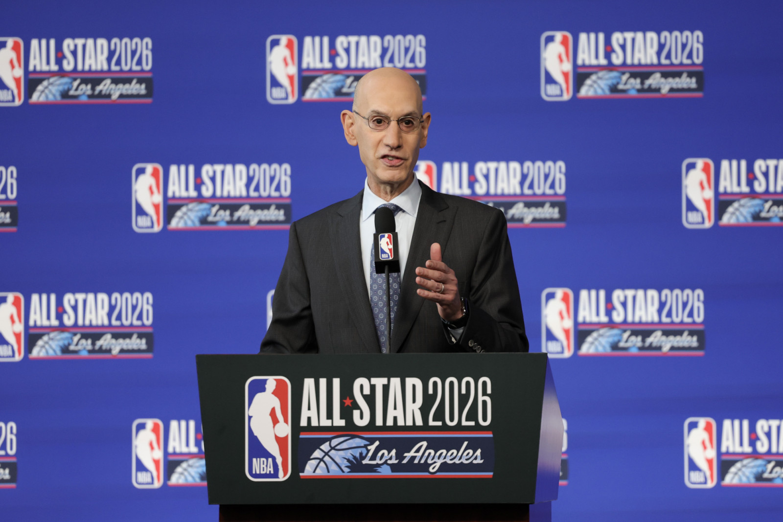INGLEWOOD, CALIFORNIA - FEBRUARY 14: NBA Commissioner Adam Silver speaks at a press conference during 2026 NBA All-Star Weekend at Intuit Dome on February 14, 2026 in Inglewood, California. NOTE TO USER: User expressly acknowledges and agrees that, by downloading and or using this photograph, User is consenting to the terms and conditions of the GettyImages License Agreement. (Photo by Ryan Sirius Sun/Getty Images)