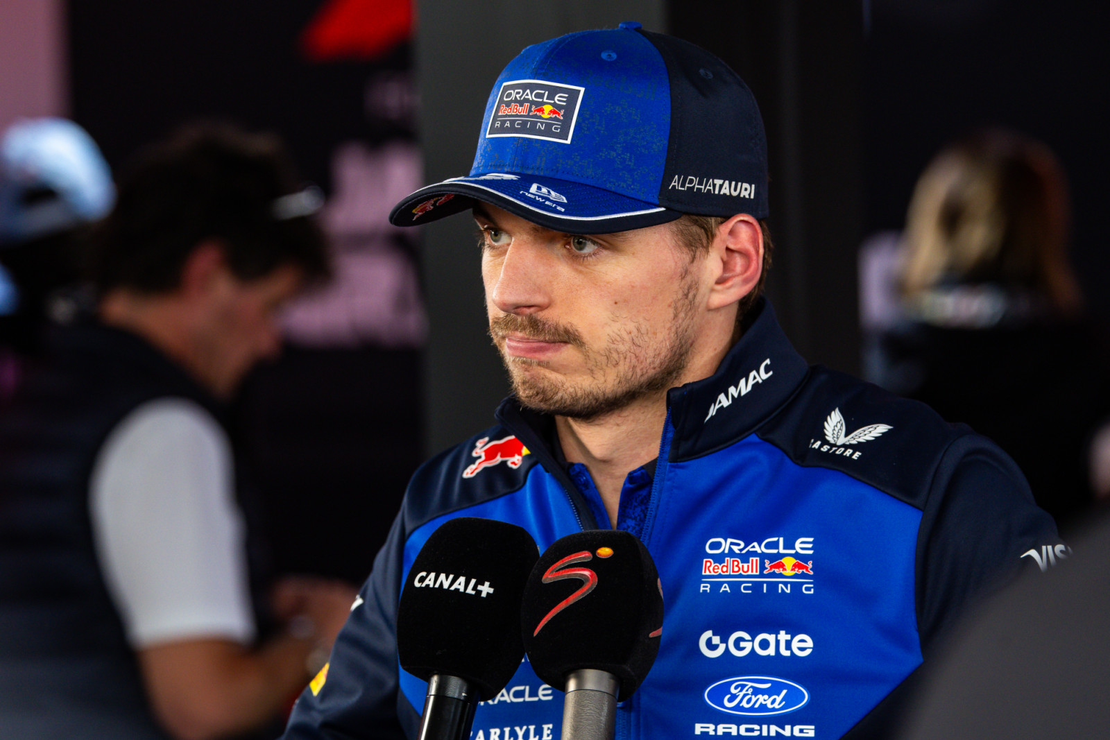 SUZUKA, JAPAN - MARCH 28: Max Verstappen of the Netherlands and Oracle Red Bull Racing answers questions in the TV media pen during qualifying ahead of the F1 Grand Prix of Japan at Suzuka Circuit on March 28, 2026 in Suzuka, Japan. (Photo by Jayce Illman/Getty Images)
