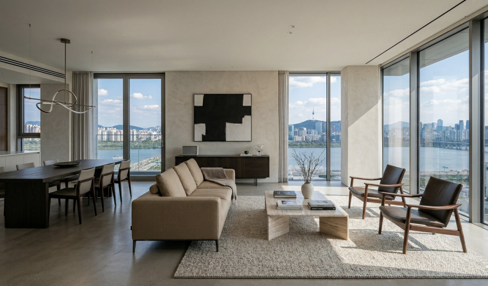 A visualisation of the emerging chaebol interior aesthetic, characterised by pale stone surfaces, mid-century seating, and large-scale monochrome art against Han River views