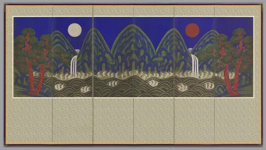 Part of the Samsung family collection, the six-panel folding screen “Sun, Moon, and Five Peaks” symbolises the majesty of the Joseon royal court (Photo: National Museum of Korea)