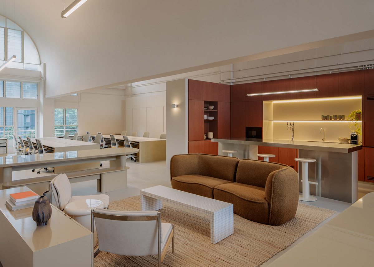 The central lounge area is anchored by a sofa from United Strangers and Quaderna coffee table designed by Superstudio for Zanotta in the 1970s