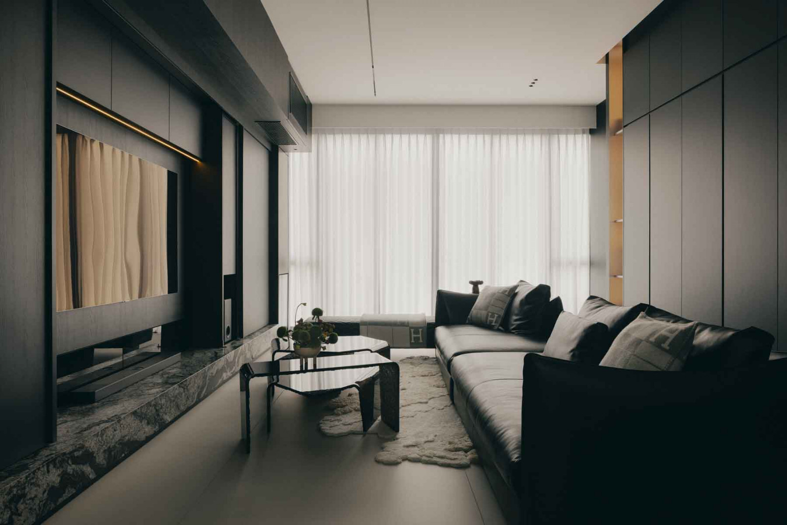 Clad in dark-stained wood, the living room exudes an intimate ambience while still drawing in adequate daylight through its floor-to-ceiling panes