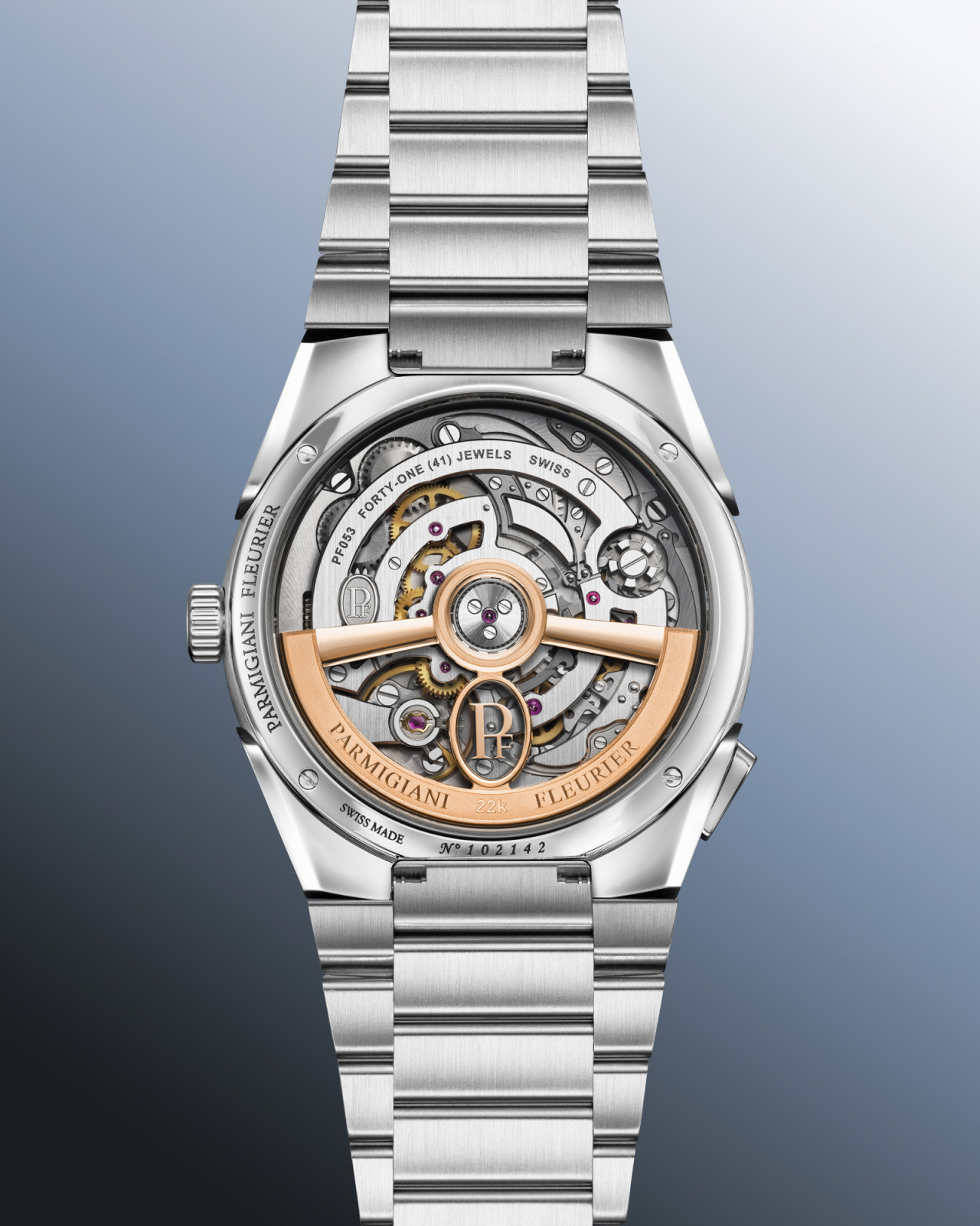 The caseback reveals Calibre PF053 chronograph movement with three clutches