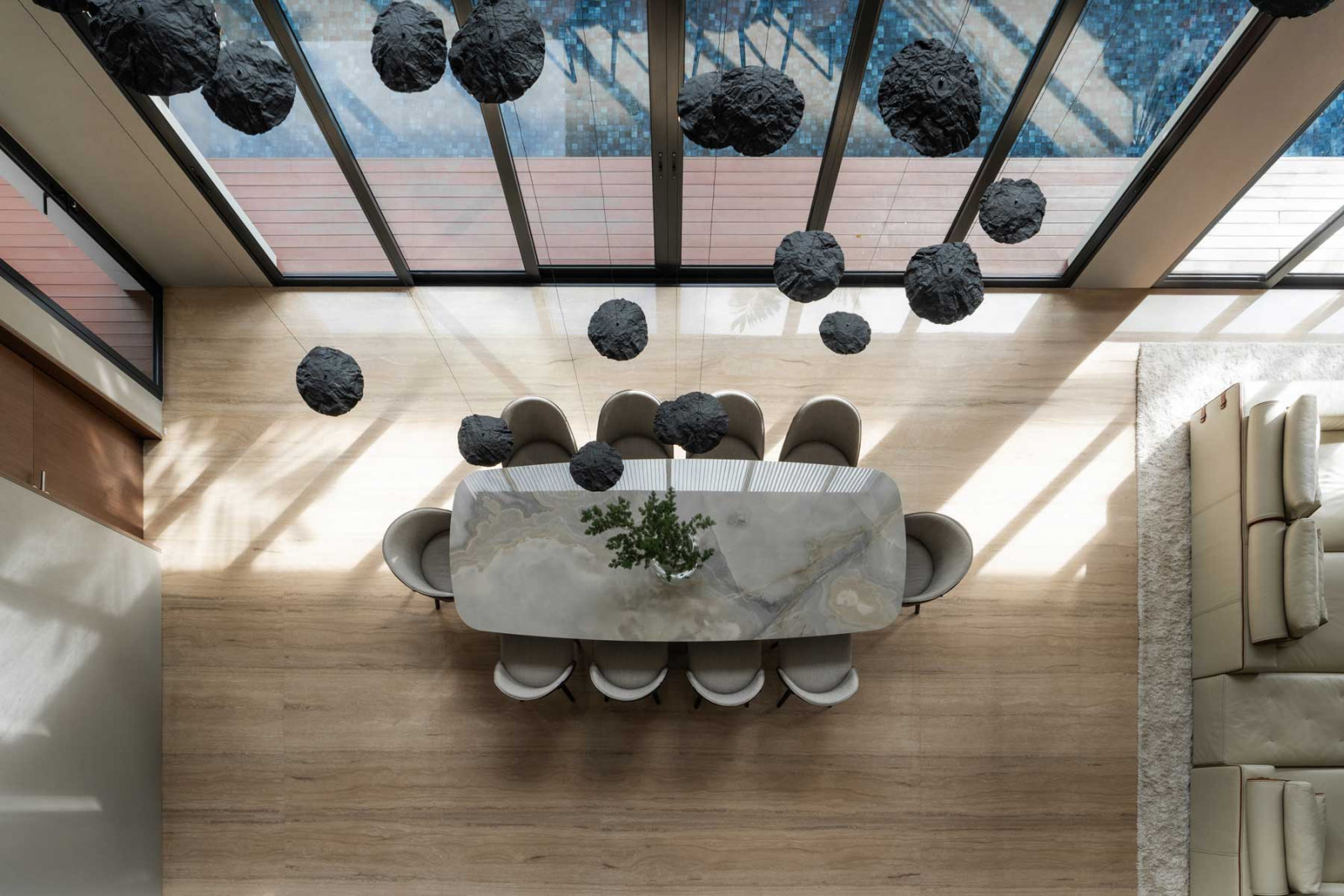 A top-down view of the expansive dining area