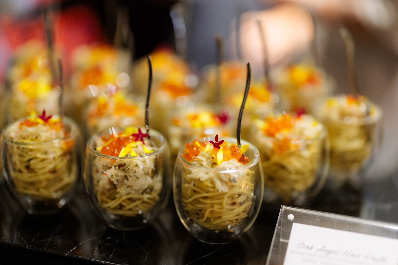 Crab angel hair pasta canape by Gastrogig