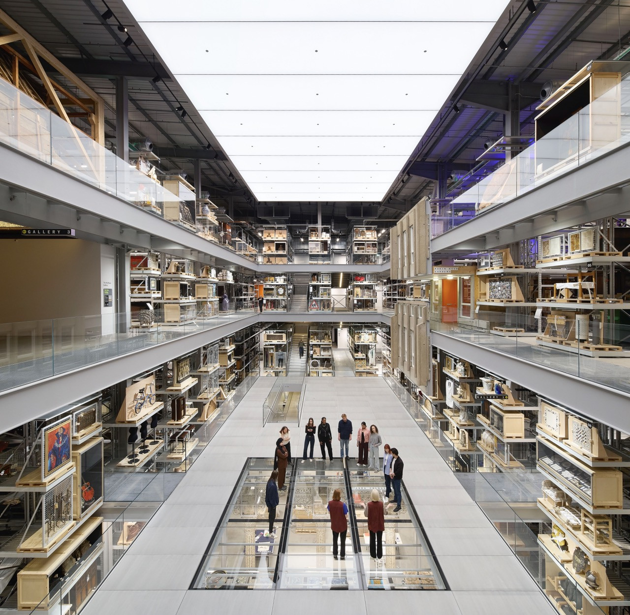 The interior of the V&A East Storehouse, designed by Diller Scofidio + Renfro, shows the open-access collection storage across four levels. The Storehouse houses over 250,000 artefacts and 350,000 books from the V&A’s collections (Photo: V&A East)