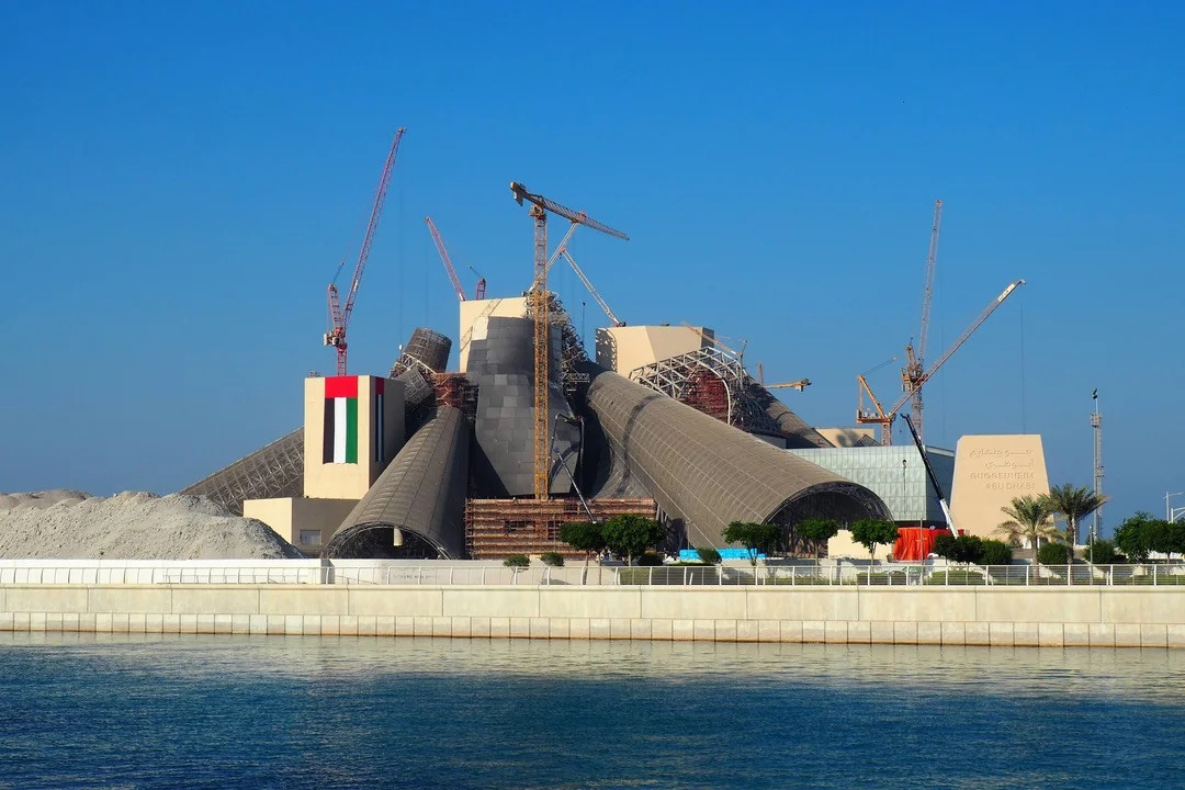 The Guggenheim Abu Dhabi under construction, viewed across the water from Saadiyat Island’s cultural waterfront (Photo: Instagram/@f.y.i.arch)