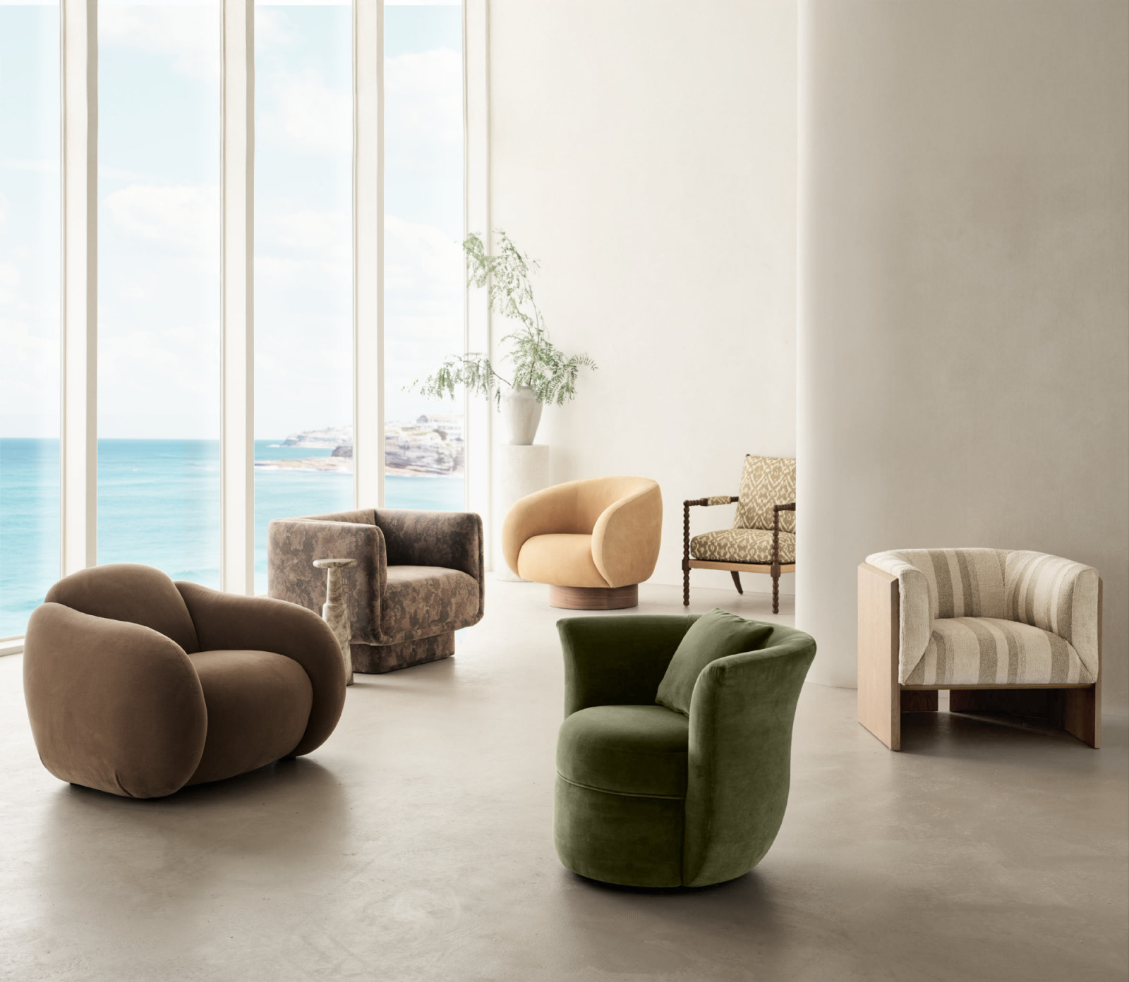This curated collection of accent chairs blends vintage charm with modern comfort, offering a striking range of silhouettes from the Blume’s Art Deco-inspired swivel to the Soma’s organic, pebble-like curves (Photo: courtesy of Crate and Barrel)