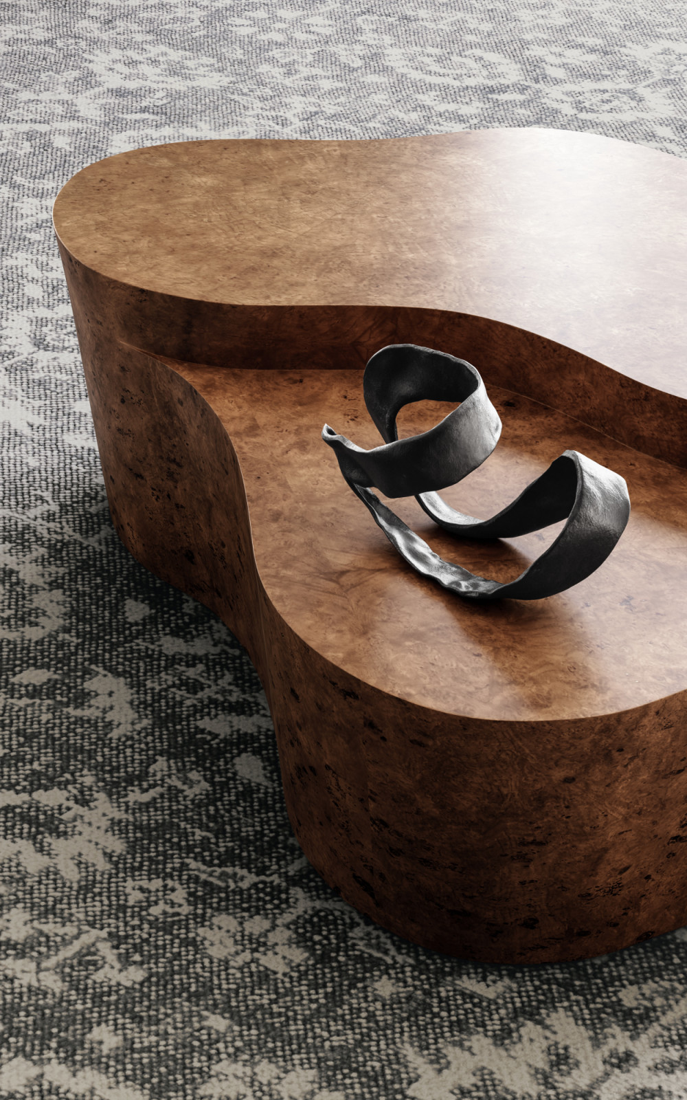 Mesa’s expressive organic shape is perfect for the swirling grain of burled oak. Fashioned with freeform curves and a tapered silhouette, this form-defying table has a stepped top for a tiered display of hors d’oeuvres, art books or collectables (Photo: courtesy of Crate and Barrel)