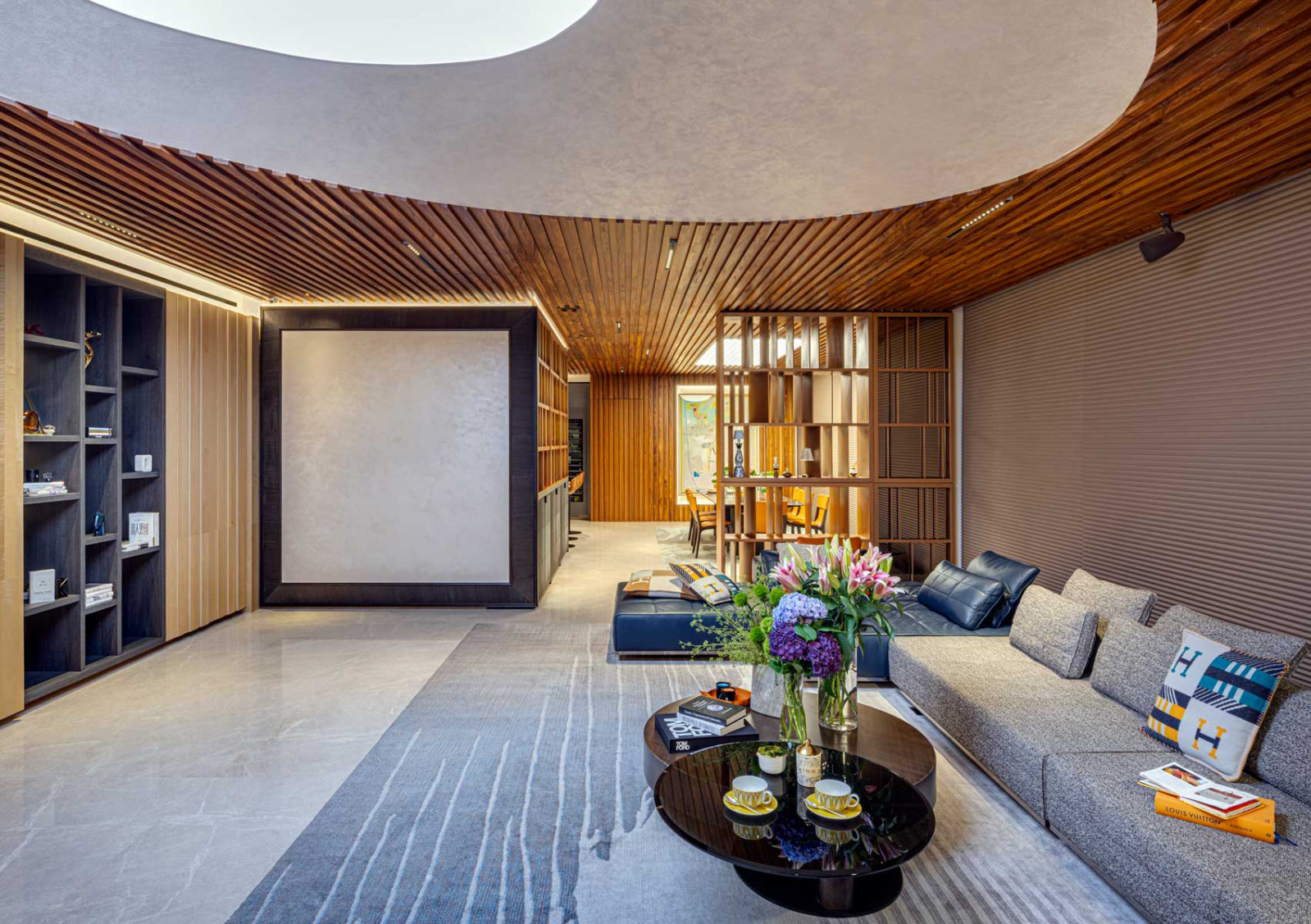The timber-lined living area of Soleil@Sinaran