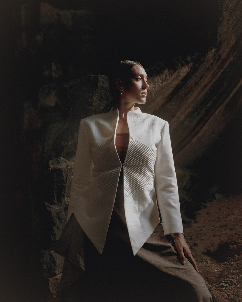 The eucalyptus‑and‑cotton blend pin‑tucked kebaya blazer from SukkhaCitta. Photo: Muhammad Fadli for SukkhaCitta