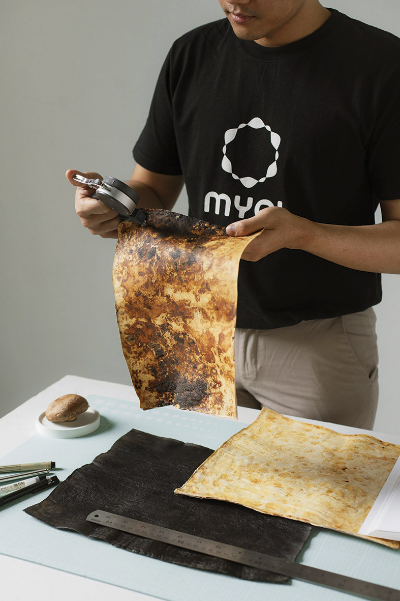 A Mycotech Lab employee performing quality control on the company’s signature material Mylea
