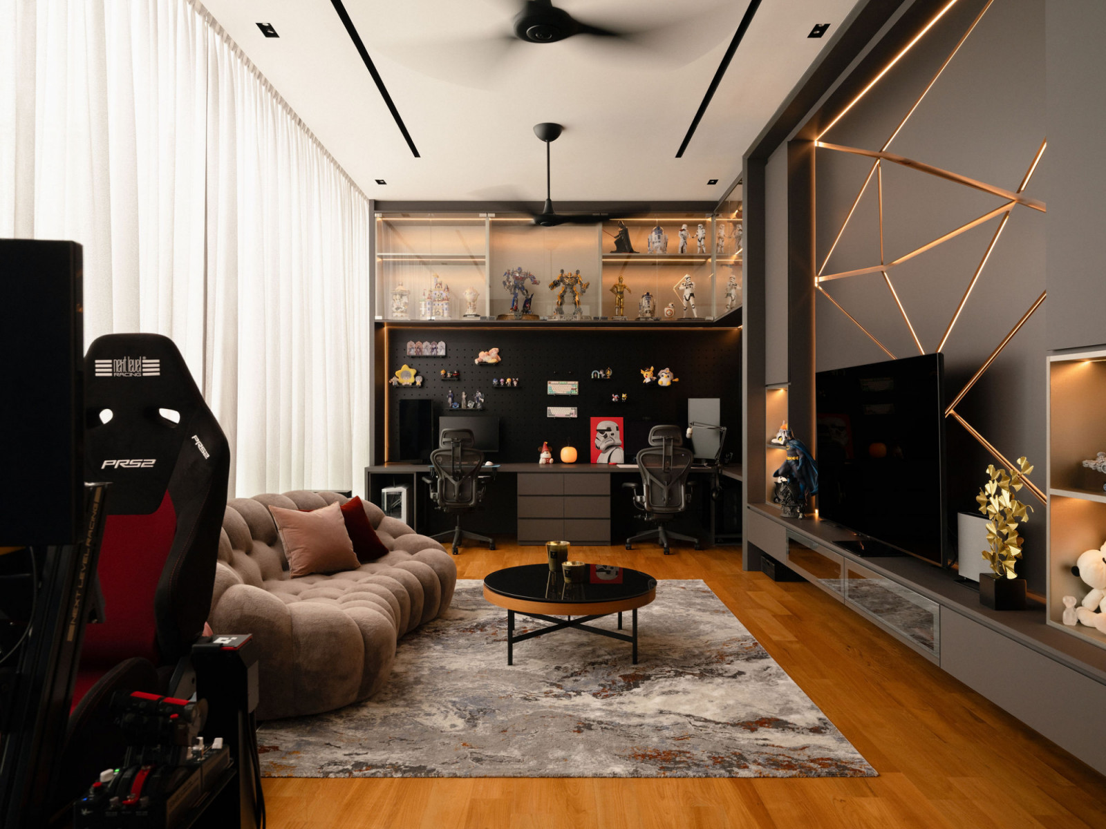 The homeowner’s collectibles lend personality to this home office and informal lounge