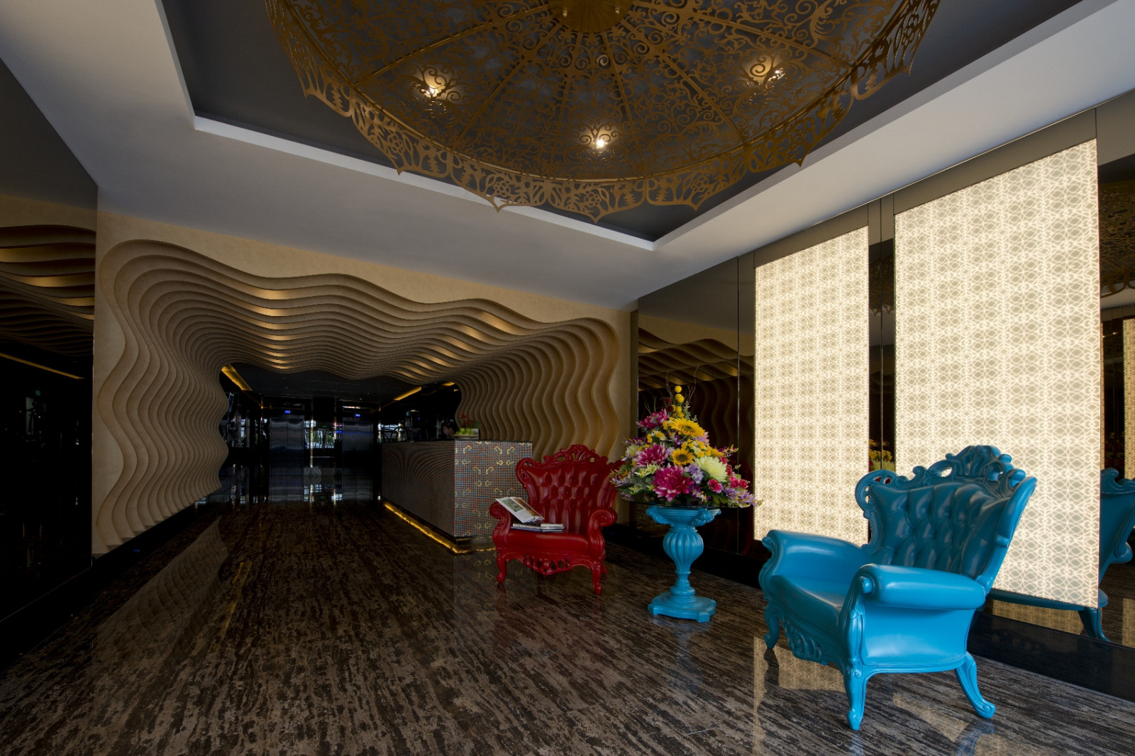 The interior of Venue Hotel is refreshed with a modern Peranakan aesthetic and brightly coloured elements