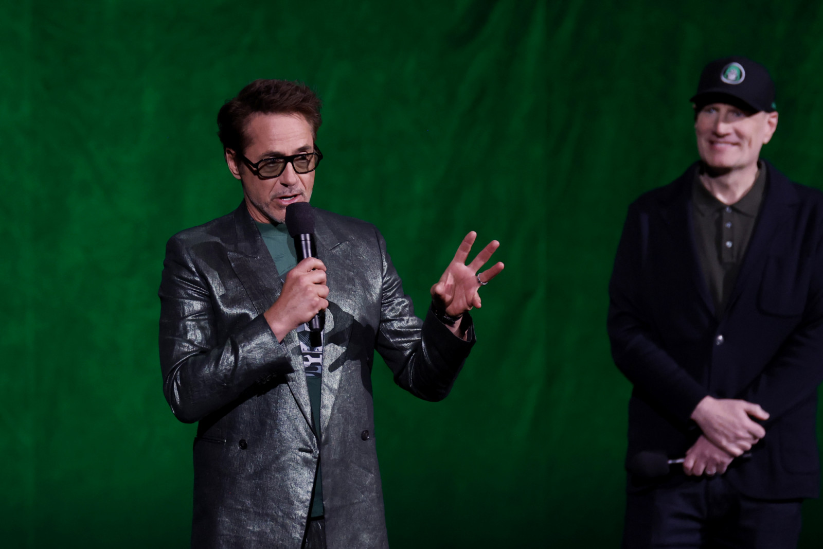 LAS VEGAS, NEVADA - APRIL 16: (L-R) Robert Downey Jr. and Kevin Feige, President, Marvel Studios promote the upcoming film "Avengers: Doomsday" at the Walt Disney Studios presentation at The Dolby Colosseum at Caesars Palace during CinemaCon, the official convention of Cinema United, on April 16, 2026 in Las Vegas, Nevada. (Photo by Gabe Ginsberg/Getty Images)