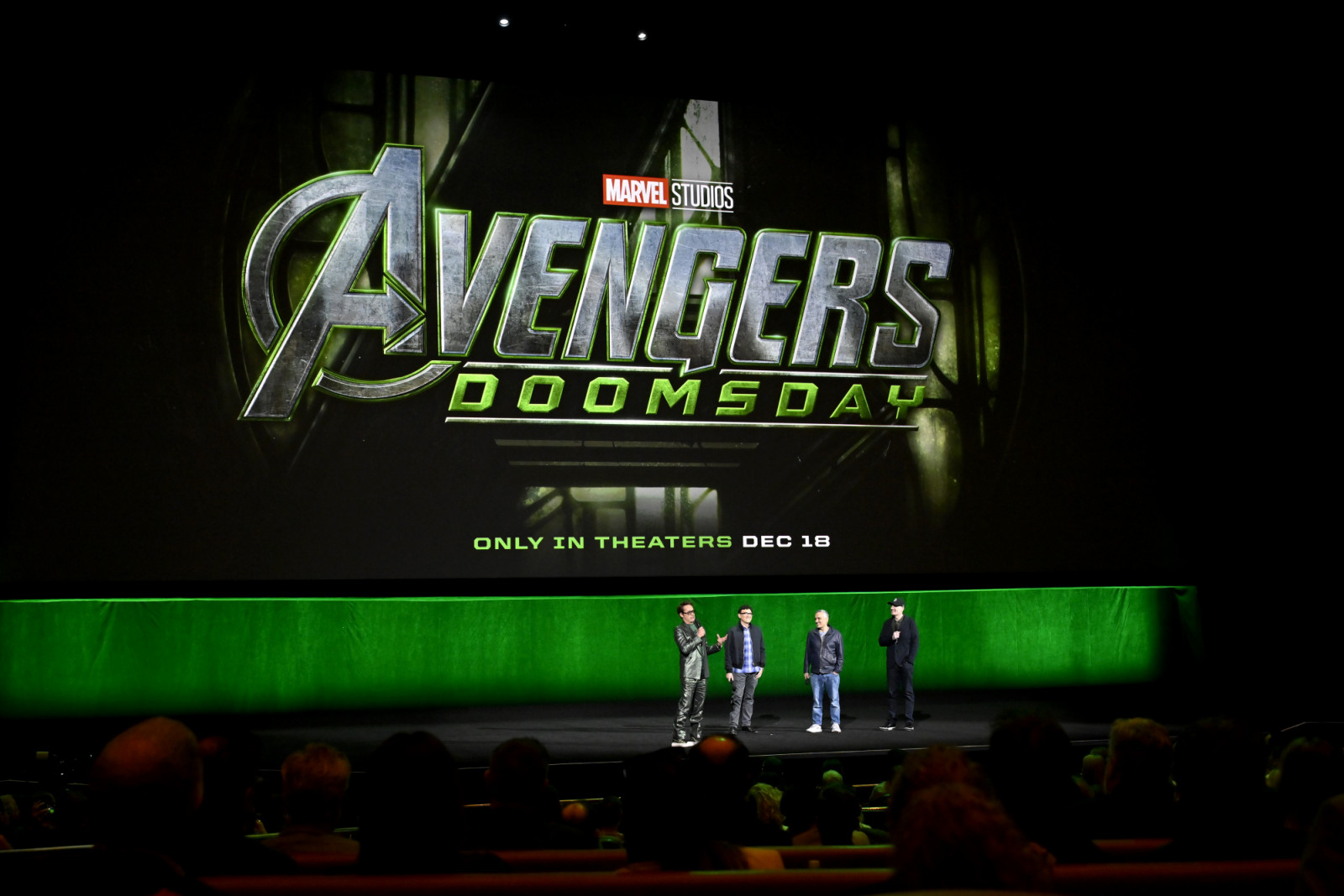 LAS VEGAS, NEVADA - APRIL 16: (L-R) Robert Downey Jr., Anthony Russo, Joe Russo and Kevin Feige, President, Marvel Studios, speak during CinemaCon 2026 - Walt Disney Studios Invites you to its 2026 presentation highlighting its upcoming release schedule at The Dolby Colosseum at Caesars Palace during CinemaCon, the official convention of Cinema United, on April 16, 2026, in Las Vegas, Nevada. (Photo by David Becker/Getty Images for CinemaCon)