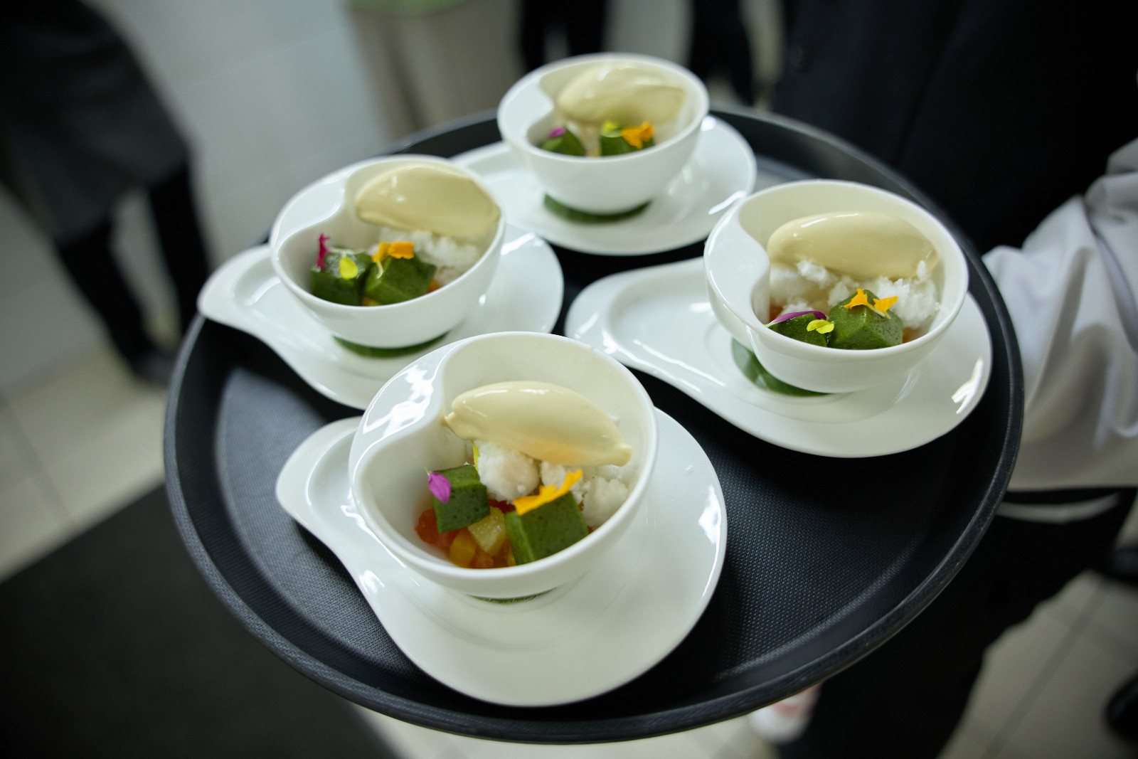 Dessert prepared under Chef Yuda’s direction: Cendol Reimagined, Gula Melaka Ice Cream, Coconut Granita, Pandan Cincau gel and compressed Tropical Fruits