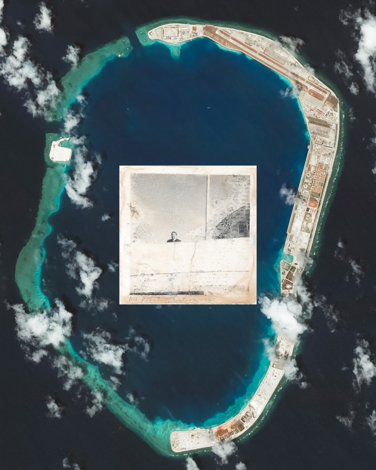 Mischief Reef, Sratlys Island. Ongoing island-reclamation collage of satellite image in the West Philippine Sea. Mischief Reef is a low-tide elevation located in the Spratly Islands. China first took possession of the feature in 1994. Collage made in 2026.